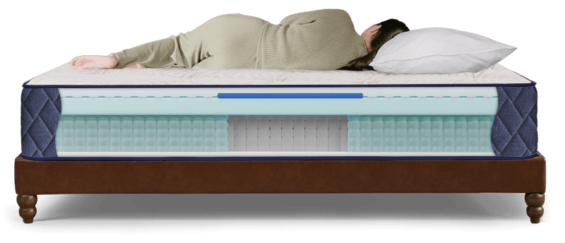 Woman laying on Neyland mattress showing cutaway of inside layers and spring technology